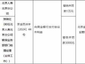 北京人寿北京分公司因向商业银行支付协议外利益被罚1万元