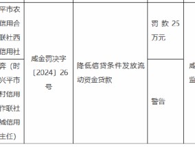 兴平市农村信用合作联社西城信用社被罚25万元：因降低信贷条件发放流动资金贷款